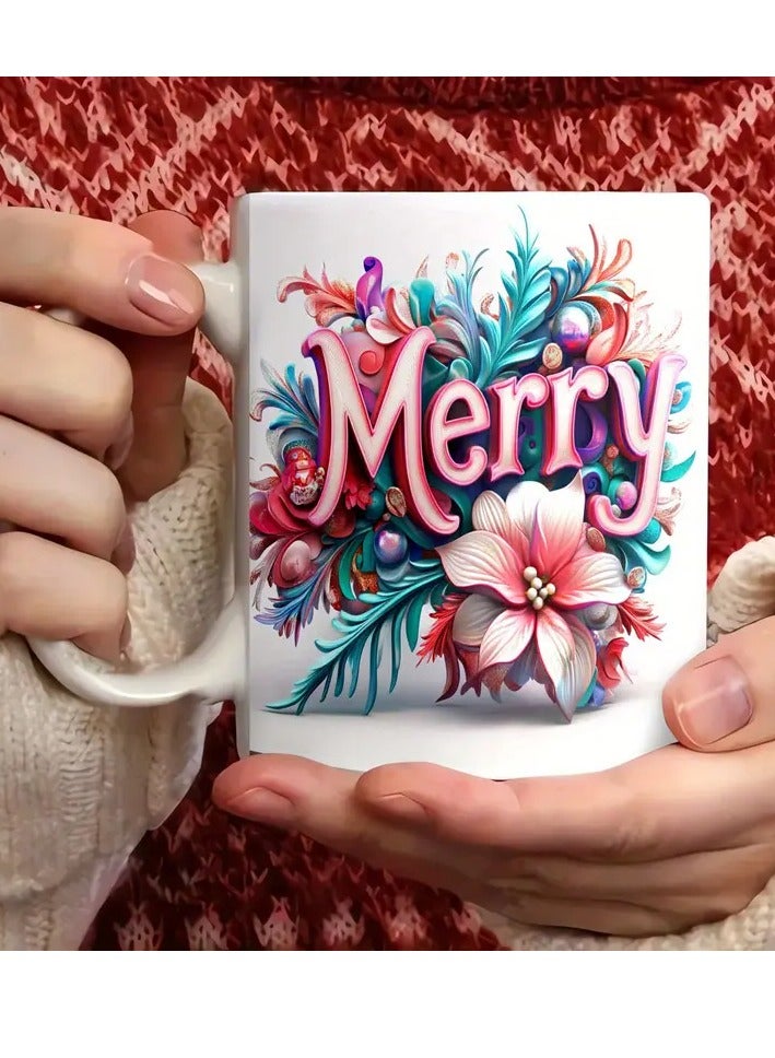 RYN 1pc 11oz Porcelain Merry Christmas Mug, Festive Ceramic Coffee Cup with Colorful Floral Design, Ideal for Holiday Drinking - Image 1