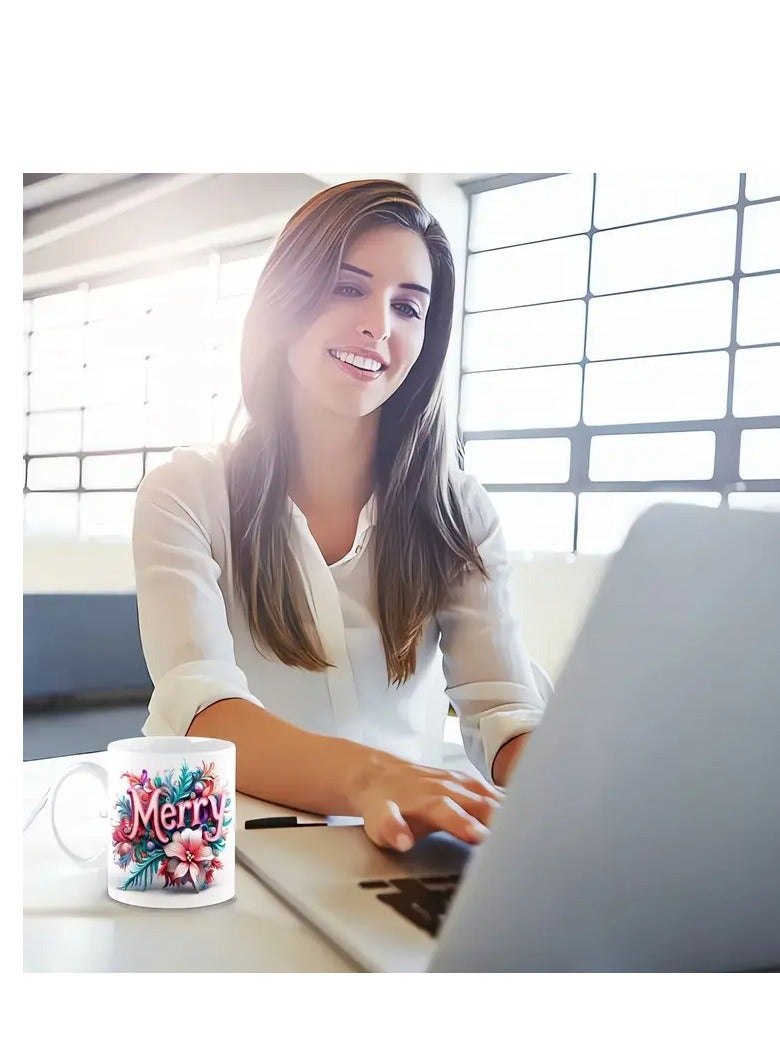 RYN 1pc 11oz Porcelain Merry Christmas Mug, Festive Ceramic Coffee Cup with Colorful Floral Design, Ideal for Holiday Drinking - Image 2