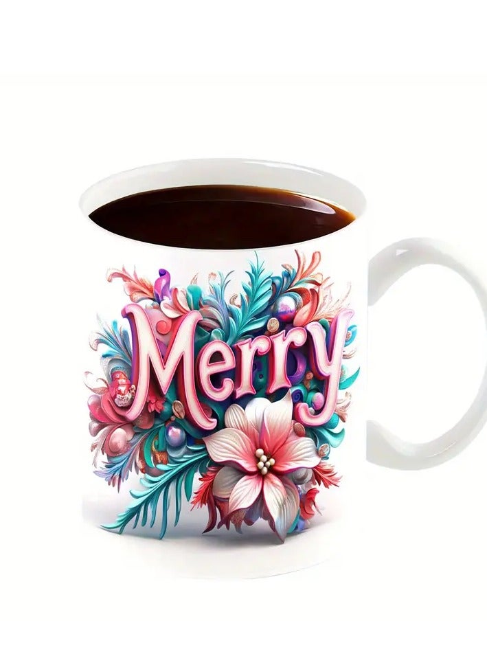 RYN 1pc 11oz Porcelain Merry Christmas Mug, Festive Ceramic Coffee Cup with Colorful Floral Design, Ideal for Holiday Drinking - Image 3
