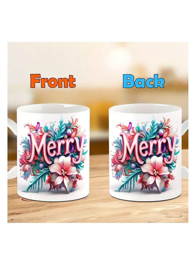 RYN 1pc 11oz Porcelain Merry Christmas Mug, Festive Ceramic Coffee Cup with Colorful Floral Design, Ideal for Holiday Drinking - Image 4
