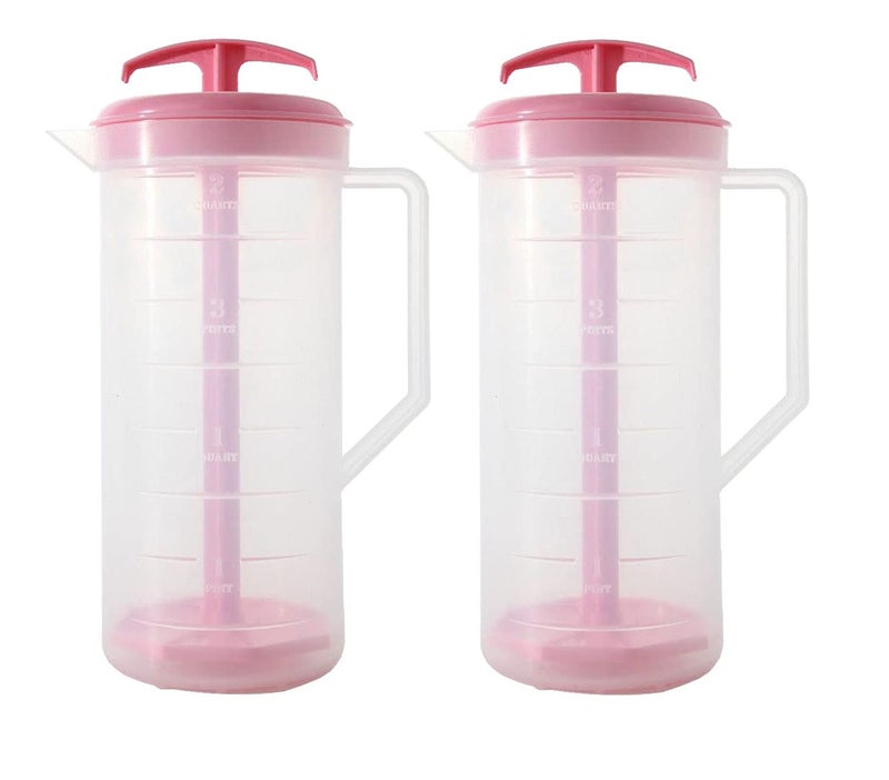 JBK Pottery  Mixing Pitcher for Drinks Plastic Water Pitcher with Lid and Plunger with Angled Blades EasyMix Juice Container 2Quart Capacity Pink Set of 2