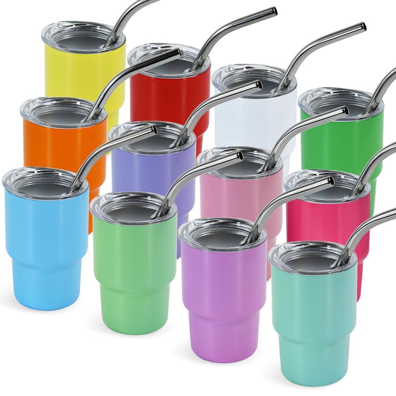 FECBK 3 oz Mini Tumbler Shot Glass with Straw and Lid 12 Pcs Sublimation Shot Glasses Tumblers Stainless Steel Mini Shot Glasses with Lids for Wedding Party Whiskey Cocktail Bar, 12 Colored - Image 1
