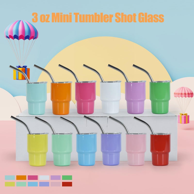 FECBK 3 oz Mini Tumbler Shot Glass with Straw and Lid 12 Pcs Sublimation Shot Glasses Tumblers Stainless Steel Mini Shot Glasses with Lids for Wedding Party Whiskey Cocktail Bar, 12 Colored - Image 2