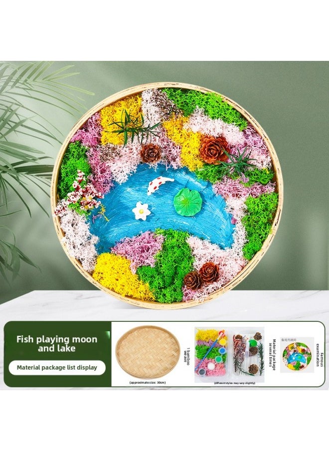 Immortal Moss Painting DIY Material Package Round Tray Green Plant Photo Frame Mother's Day Group Building Activities Manual Parent-child Salon-Color:Fish Play Moon Lake (Medium)  - Image 1