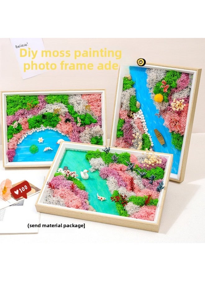 Immortal Moss Painting DIY Material Package Round Tray Green Plant Photo Frame Mother's Day Group Building Activities Manual Parent-child Salon-Color:Fish Play Moon Lake (Medium)  - Image 2