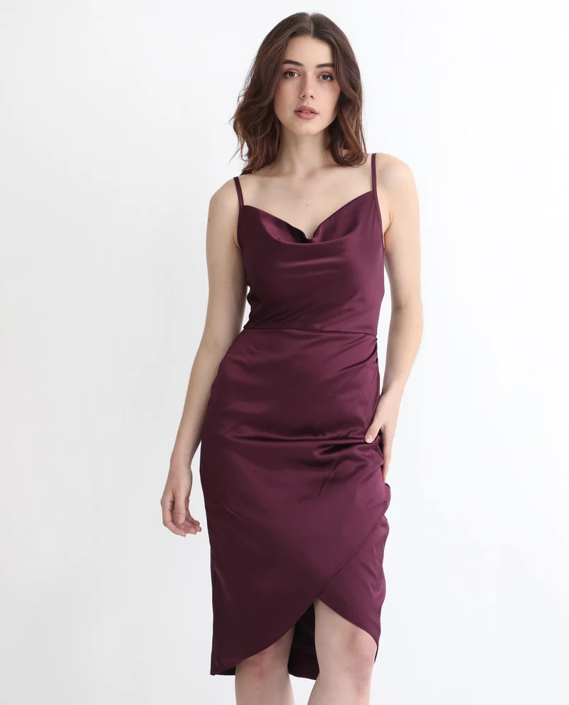 Rareism Rareism Women Rilu Sheen Maroon Cowl Neck Spaghetti Shoulder Straps Party Knee Length Dress