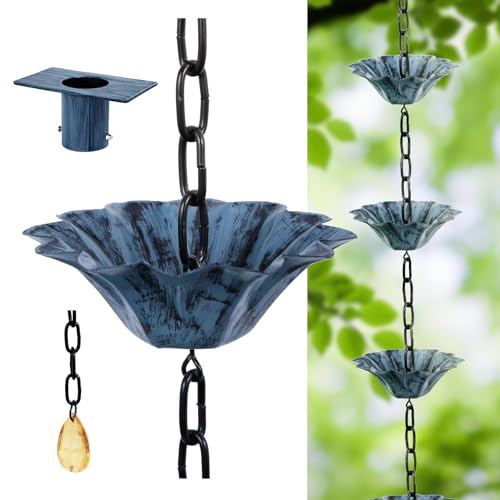 Rifachua 12 Cups Lotus Rain Chain for Gutters Downspouts Outside 8.5ft, Blue Plated Lotus Rain Chain Cups, Functional and Decorative Replacement for Gutter Downspouts - Image 1