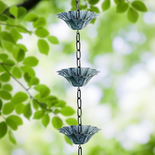 Rifachua 12 Cups Lotus Rain Chain for Gutters Downspouts Outside 8.5ft, Blue Plated Lotus Rain Chain Cups, Functional and Decorative Replacement for Gutter Downspouts - Image 4