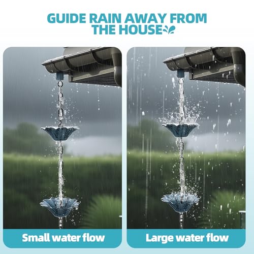 Rifachua 12 Cups Lotus Rain Chain for Gutters Downspouts Outside 8.5ft, Blue Plated Lotus Rain Chain Cups, Functional and Decorative Replacement for Gutter Downspouts - Image 2