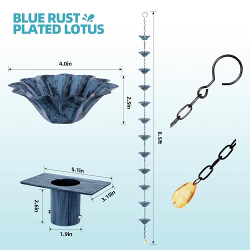 Rifachua 12 Cups Lotus Rain Chain for Gutters Downspouts Outside 8.5ft, Blue Plated Lotus Rain Chain Cups, Functional and Decorative Replacement for Gutter Downspouts - Image 5