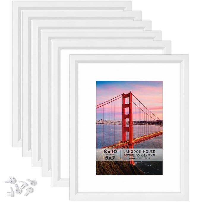10X8 PICTURE FRAMES WMAT TO 7X5 WHITE 6 PACK MODERN WBEVELLED ACCENT TABLETOP EASEL AND WALL HANGING HOOKS INCLUDED RADIANT COLLECTION