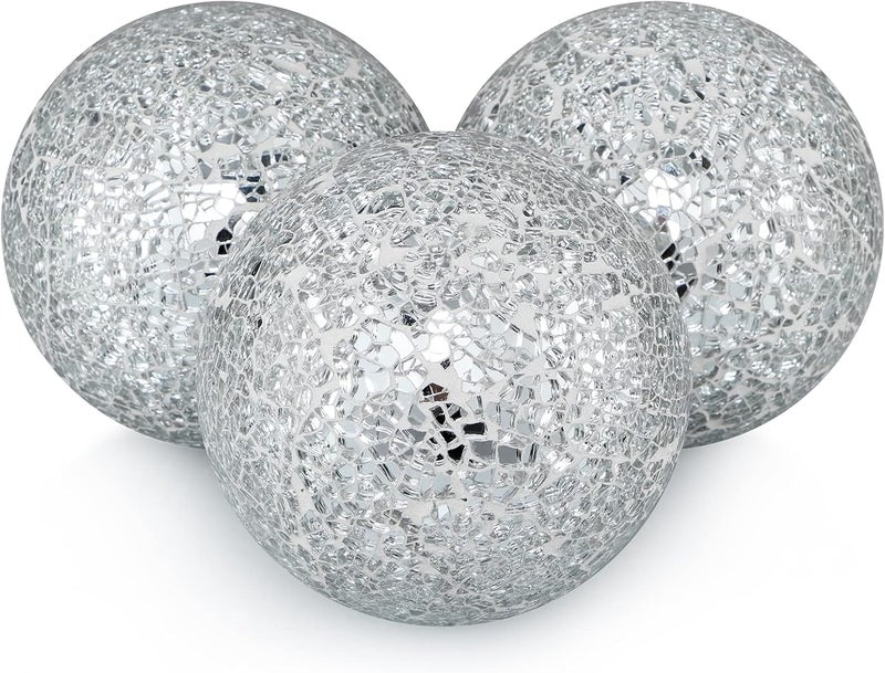 MDLUU 4" Decorative Orbs, Mosaic Sphere Balls, Centerpiece Balls for Bowls, Vases, Dining Table Decor, Pack of 3 (Silver) - Image 1