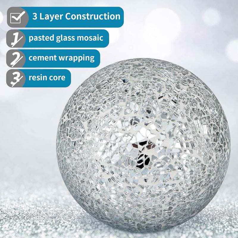 MDLUU 4" Decorative Orbs, Mosaic Sphere Balls, Centerpiece Balls for Bowls, Vases, Dining Table Decor, Pack of 3 (Silver) - Image 4