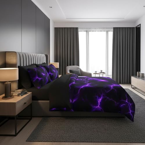 QOOMO Purple Lightning 7 Pieces Comforter Set Twin Size,Neon Lightning Bedding Set for Kids-Include 1 Comforter,1 Fitted Sheet,1 Flat Sheet,2 Printing Pillowcases and 2 Black Pillowcases - Image 4