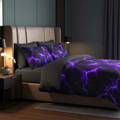 QOOMO Purple Lightning 7 Pieces Comforter Set Twin Size,Neon Lightning Bedding Set for Kids-Include 1 Comforter,1 Fitted Sheet,1 Flat Sheet,2 Printing Pillowcases and 2 Black Pillowcases - Image 5