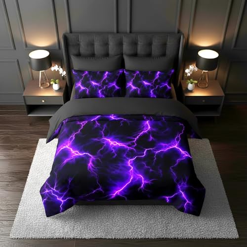 QOOMO Purple Lightning 7 Pieces Comforter Set Twin Size,Neon Lightning Bedding Set for Kids-Include 1 Comforter,1 Fitted Sheet,1 Flat Sheet,2 Printing Pillowcases and 2 Black Pillowcases - Image 2