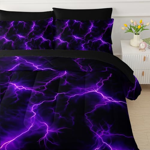 QOOMO Purple Lightning 7 Pieces Comforter Set Twin Size,Neon Lightning Bedding Set for Kids-Include 1 Comforter,1 Fitted Sheet,1 Flat Sheet,2 Printing Pillowcases and 2 Black Pillowcases - Image 3