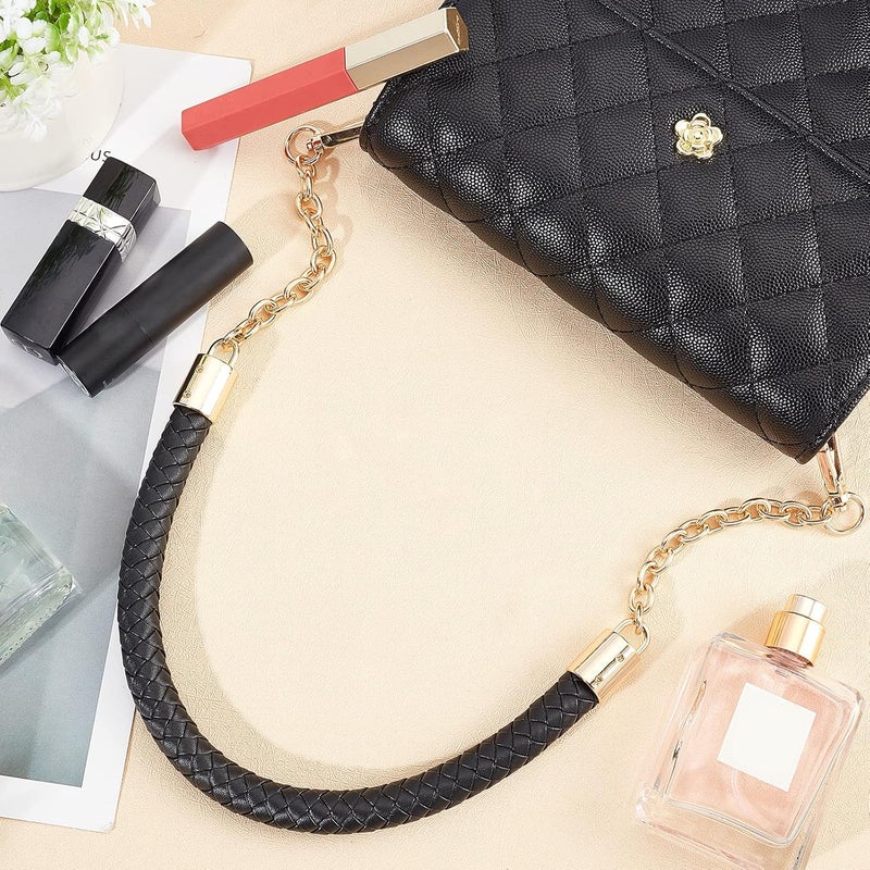 comfrt Purse Chain Handle PU Leather Braided Bag Handle Shoulder Strap Replacement Handbag Clutch Bag Handle with Gold Swivel Buckles DIY Bag Making Supplies (Black) - Image 4