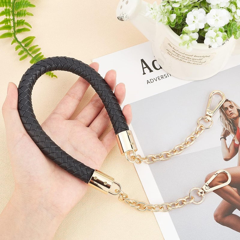 comfrt Purse Chain Handle PU Leather Braided Bag Handle Shoulder Strap Replacement Handbag Clutch Bag Handle with Gold Swivel Buckles DIY Bag Making Supplies (Black) - Image 3