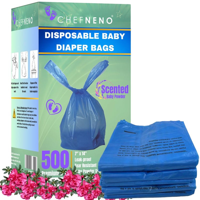 Baby Diaper Bag Disposable 500 Count Blue Fresh Baby Powder Scented Easy Tie Handles Bulk Diaper Sacks Disposable Dog Poop Bags Cat Litter Clump Poop Bags Sanitary Pads Disposal Bags 500 Bags