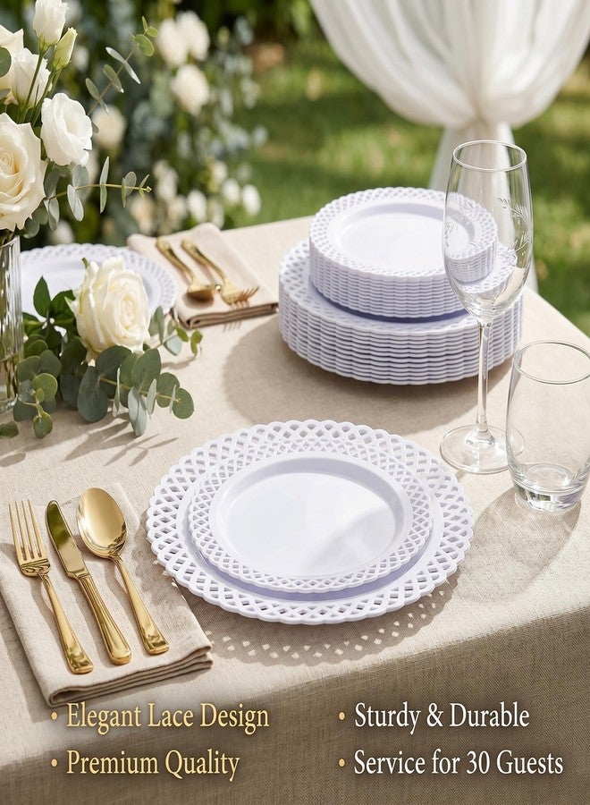 COLOSUS 60Pcs White Plastic Plates, Fancy White Disposable Plates,Nice Scallop plates,Heavy Duty Lace Hollowed Out Plates include 30 Dinner Plate 10” and 30 Salad/Dessert Plate 7.5”for Motherz's Day - Image 2