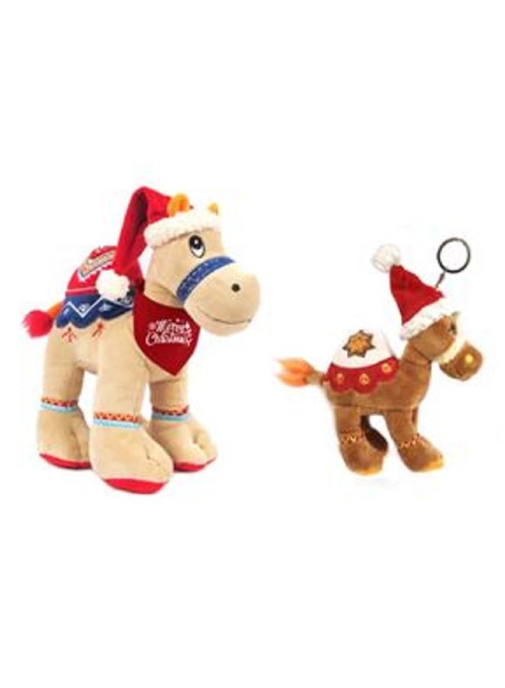 Fay Lawson Bundle item Beige camel with Santa hat with print on red bandana, size 18cm, brown key ring with Santa Hat 12cm 