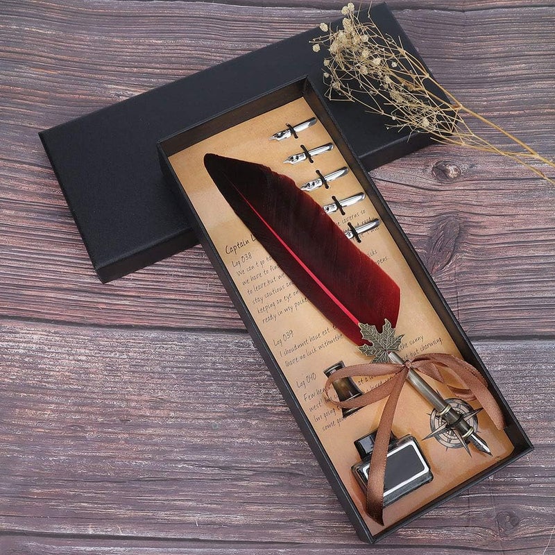 Vintage Fountain Pen, Quill Dip Pen with Stainless Steel Nib, Elegant Calligraphy Writing Tool for Home Decor, Includes Gift Box and Pen Tips (Red) - Image 2