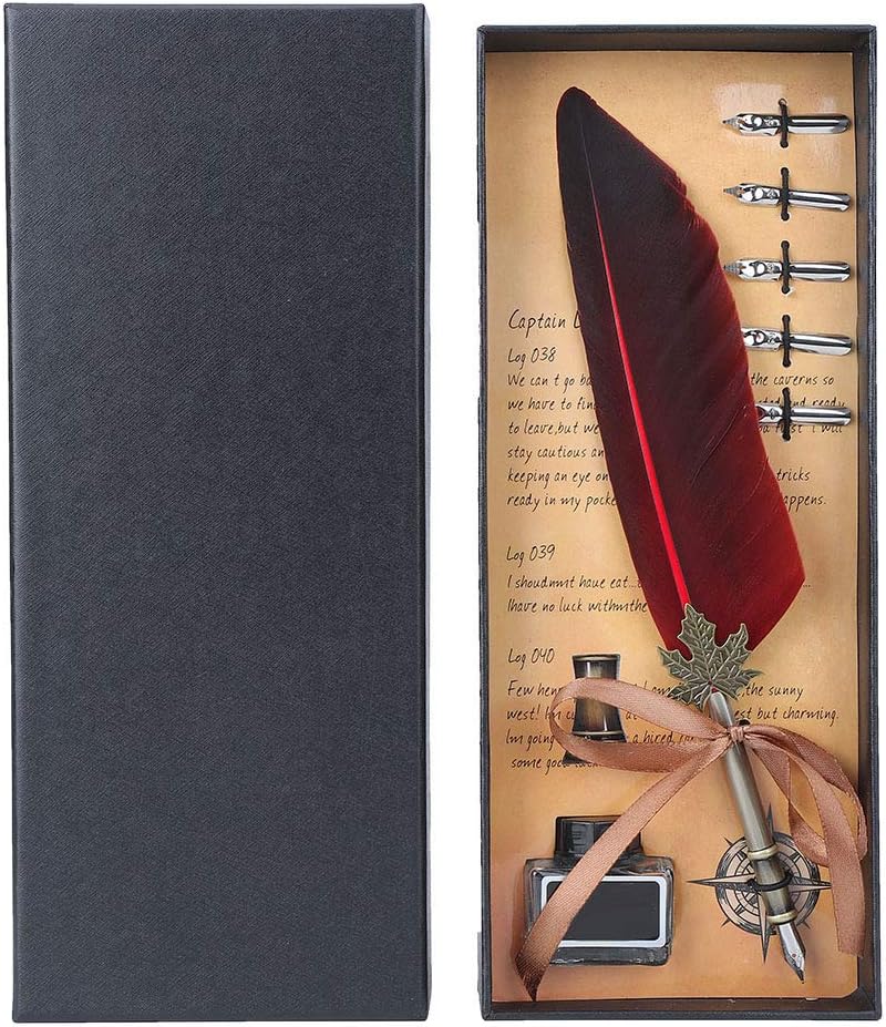 Vintage Fountain Pen, Quill Dip Pen with Stainless Steel Nib, Elegant Calligraphy Writing Tool for Home Decor, Includes Gift Box and Pen Tips (Red) - Image 1