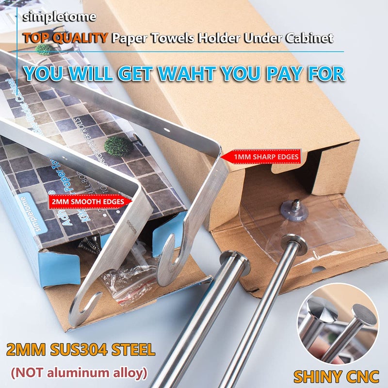 simpletome Kitchen Paper Towels Holder Under Cabinet Adhesive or Drilling Installation Brushed SUS304 Stainless Steel (Silver) - Image 2