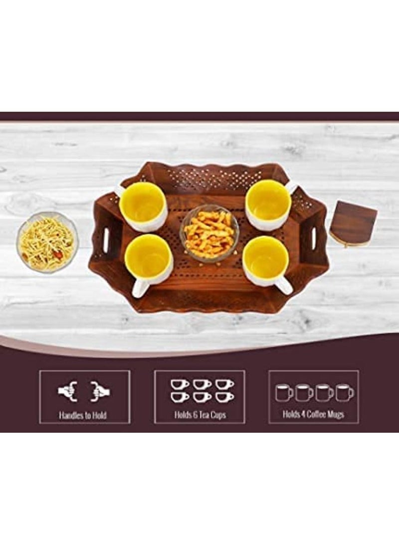QUESERA Wooden Serving Tray with Wooden Tea Coasters Set of 4 Large Tea Tray for Serving Cups Dining Table. - Image 3