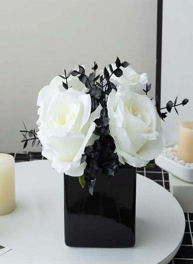 LADADA Artificial Flowers with Small Ceramic Vases, Roses in Vases Plastic Artificial Flowers and Plants,Used for Home Office Wedding Decoration, Table Decoration(White+Black) - Image 1