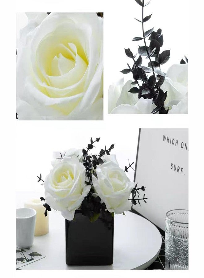 LADADA Artificial Flowers with Small Ceramic Vases, Roses in Vases Plastic Artificial Flowers and Plants,Used for Home Office Wedding Decoration, Table Decoration(White+Black) - Image 4