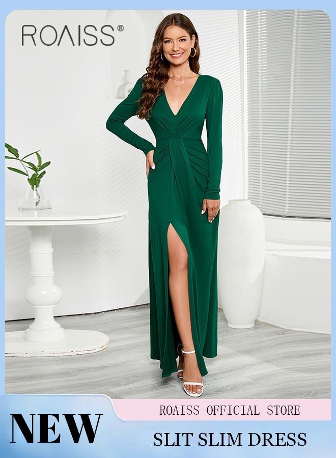 roaiss V Neck Long Sleeve Slit Dress for Women Advanced Solid Color Polyester Pleated Waist Slim Floor-Length Skirt Ladies Elegant Temperament Comfortable Skin-Friendly Breathable Banquet Dress - Image 1