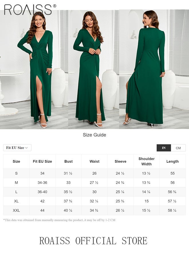 roaiss V Neck Long Sleeve Slit Dress for Women Advanced Solid Color Polyester Pleated Waist Slim Floor-Length Skirt Ladies Elegant Temperament Comfortable Skin-Friendly Breathable Banquet Dress - Image 4