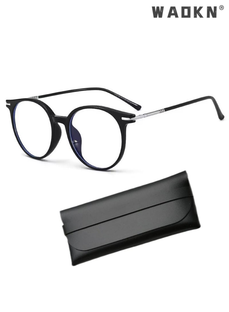 WAOKN Blue Light Blocking Glasses，Computer Game Glasses Retro Round Eyeglasses Frame for Women Men, Anti Eye Eyestrain UV 400 Protection Reading Gaming Glasses Non Prescription, Black  - Image 1