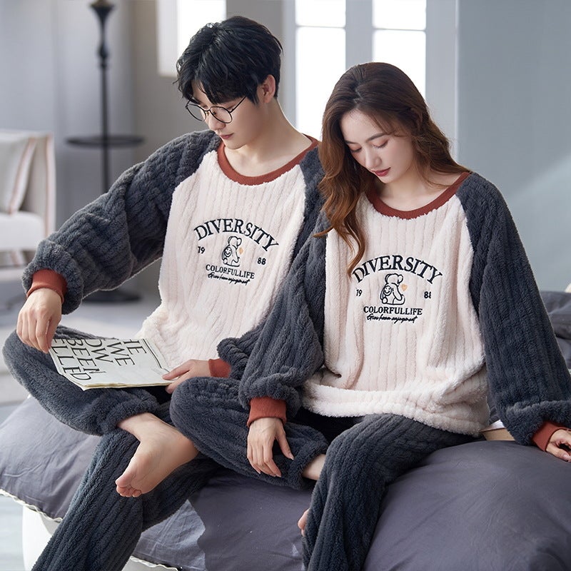 Couple Pajamas Fleece-Lined Thickened Warm Coral Fleece Women'S Cute Cartoon Winter Home Clothes Suit Men'S - Image 3