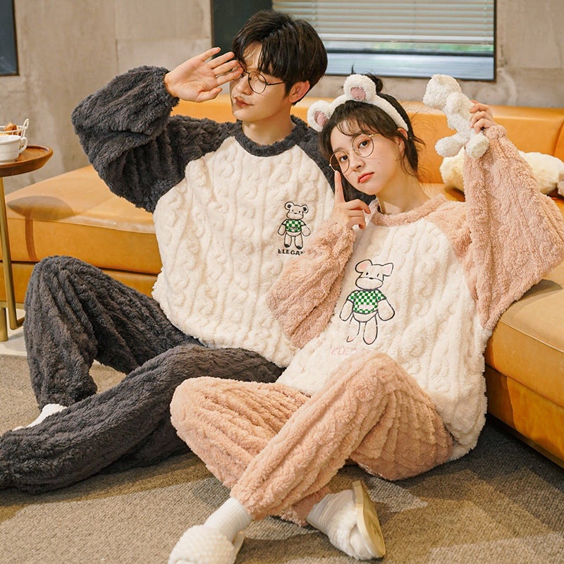 Couple Pajamas Fleece-Lined Thickened Warm Coral Fleece Women'S Cute Cartoon Winter Home Clothes Suit Men'S - Image 4