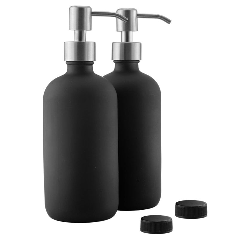 Cornucopia Brands 16oz Black Glass Bottles w/Stainless Steel Pumps (2-Pack); Black Coated Boston Round; Lotion, Hand Care & Soap Dispensers - Image 1