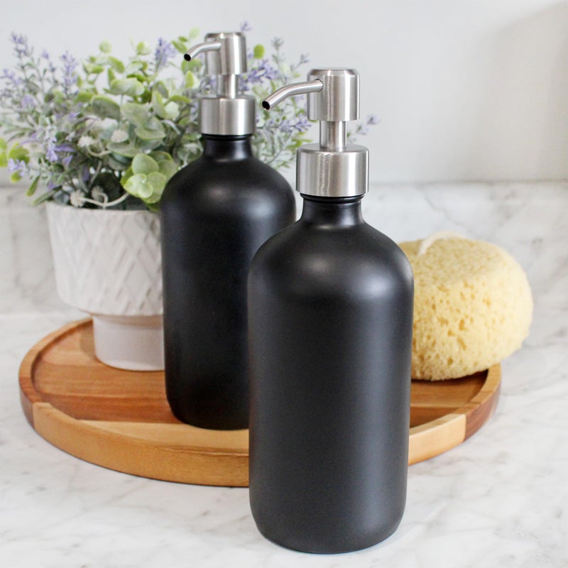 Cornucopia Brands 16oz Black Glass Bottles w/Stainless Steel Pumps (2-Pack); Black Coated Boston Round; Lotion, Hand Care & Soap Dispensers - Image 2