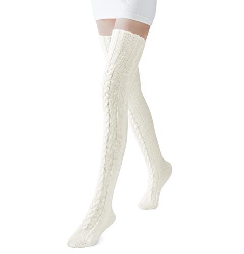 Pcavin Women's Thigh High Socks Over the Knee Cable Knit Boot Socks, Long Warm Fashion Leg Warmers Winter(White) - Image 2
