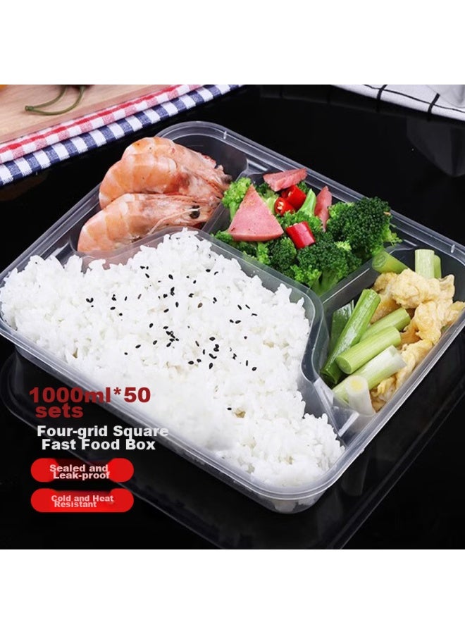 Jiachi Disposable Food Containers With Lids, 4-compartment Square Takeout Boxes, 1000ml*50 Sets, Thickened Lunch Boxes For Takeout And Bento - Image 1