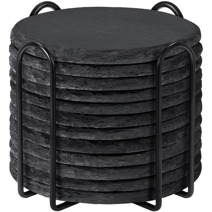 Slate Coasters with Holder 4 Inch Coaster Set of 12 Round Black Slate Stone DIY Coasters with AntiScratch Backing for Halloween Christmas Bar Kitchen Home Decor Gifts for Mom Dad