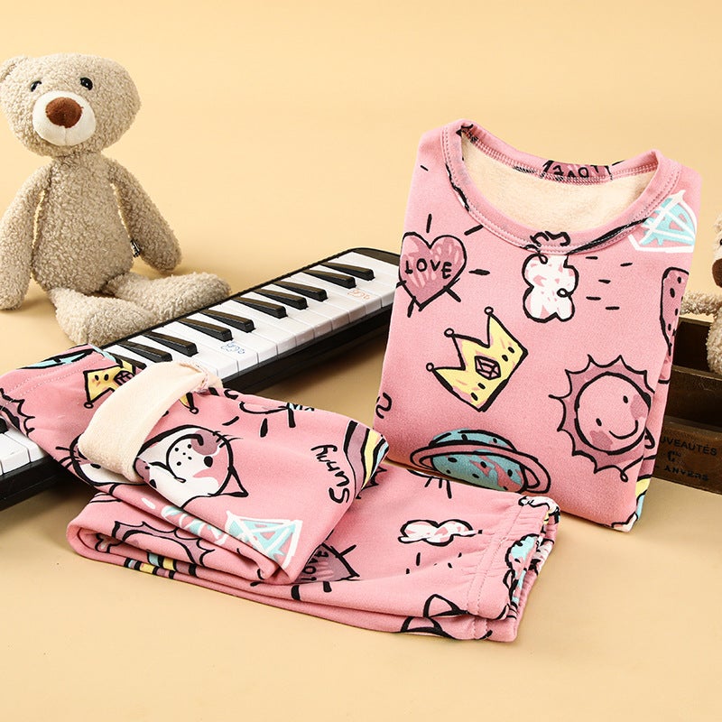 Kids Warm Velvet Cotton Underwear Set Pink Rainbow (fleece-lined) 