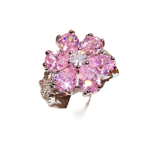 AZQ 925 Sterling Silver Shiny Full Diamond Ring 18K Gold Cocktail Ring Teardrop Pink Cubic Zirconia Promise Ring CZ Diamond Multi Row Ring Eternity Engagement Wedding Band Ring for Women Z.62 (US Code 9) - Image 1