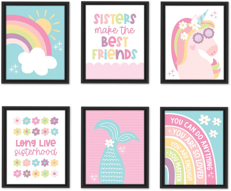 Hadley Designs 6 Colorful Girls Room Wall Art - Mermaid Girls Room Decor for Bedroom, Aesthetic Nursery or Teen Bedroom Art, Unframed Cute Rainbow & Unicorn Posters for Kids' Space, Made in USA - Image 1