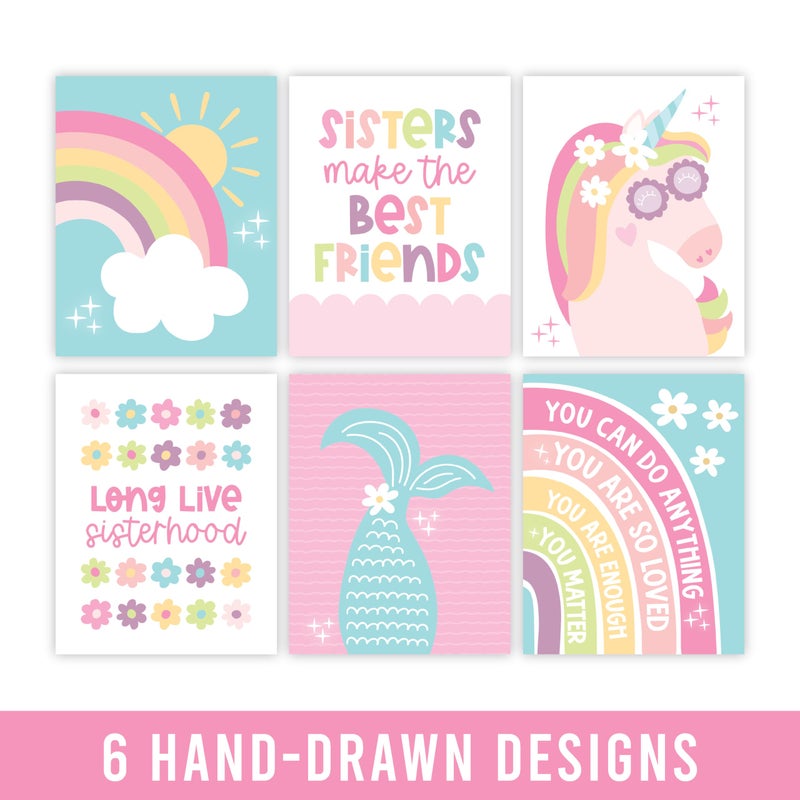 Hadley Designs 6 Colorful Girls Room Wall Art - Mermaid Girls Room Decor for Bedroom, Aesthetic Nursery or Teen Bedroom Art, Unframed Cute Rainbow & Unicorn Posters for Kids' Space, Made in USA - Image 2