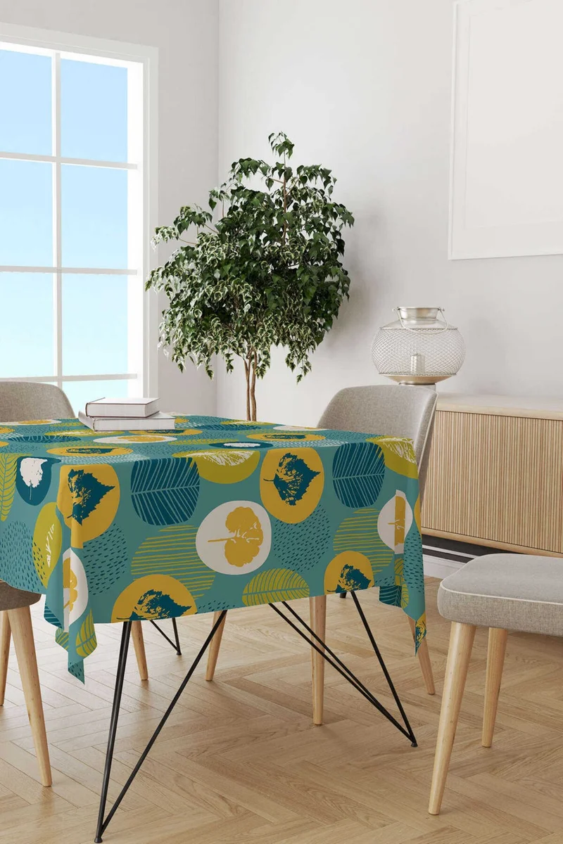 كانغو هوم Green Yellow Decorative Leaf Patterned Digital Printed Tablecloth CGH1199-MS