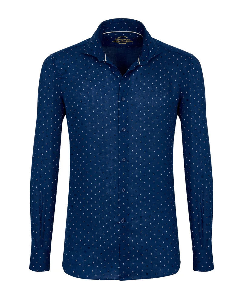 Camicissima Trendy Navy Blue Linen Comfort Fit Shirt