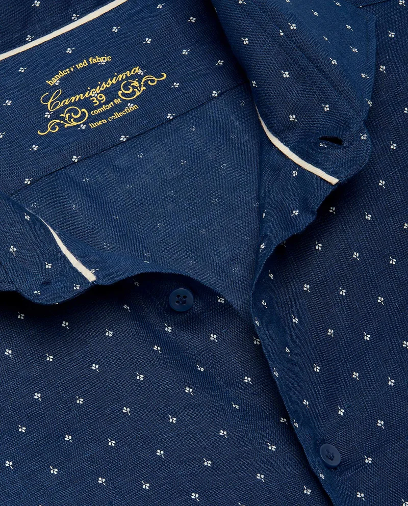 Camicissima Trendy Navy Blue Linen Comfort Fit Shirt