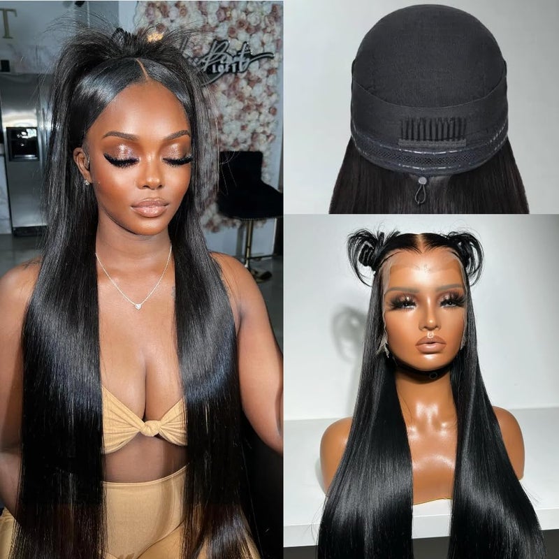 Miss Flower 13x6 Glueless Pull Go Wigs Human Hair Pre Plucked Pre Cut 28Inch 250 Density Hidden Strap Snug Fit Wig With Drawstring Ultrathin Invisible Straight Lace Front Wigs Human Hair For Women